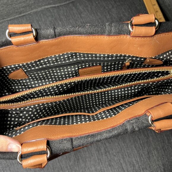 KATE SPADE Purse Quinn Whistler Black Wool Felt Tan Leather Satchel Tote Bag - Picture 7 of 8